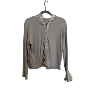 PJ HARLOW HOODIE SIZE MEDIUM BLUE GRAY RIBBED SATIN TRIM